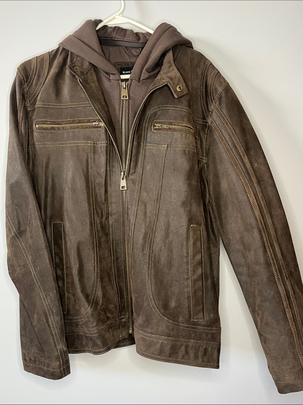 Black Rivet real leather brown motorcycle jacket removable hooded fleece inside